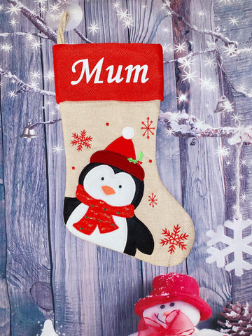 Deluxe Hessian Stocking with Red Cuff - Penguin